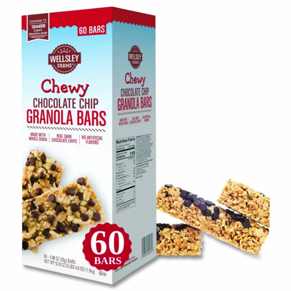 Wellsley Farms Chewy Chocolate Chip Granola Bars, 0.88 oz Bar, 60 Bars/Box