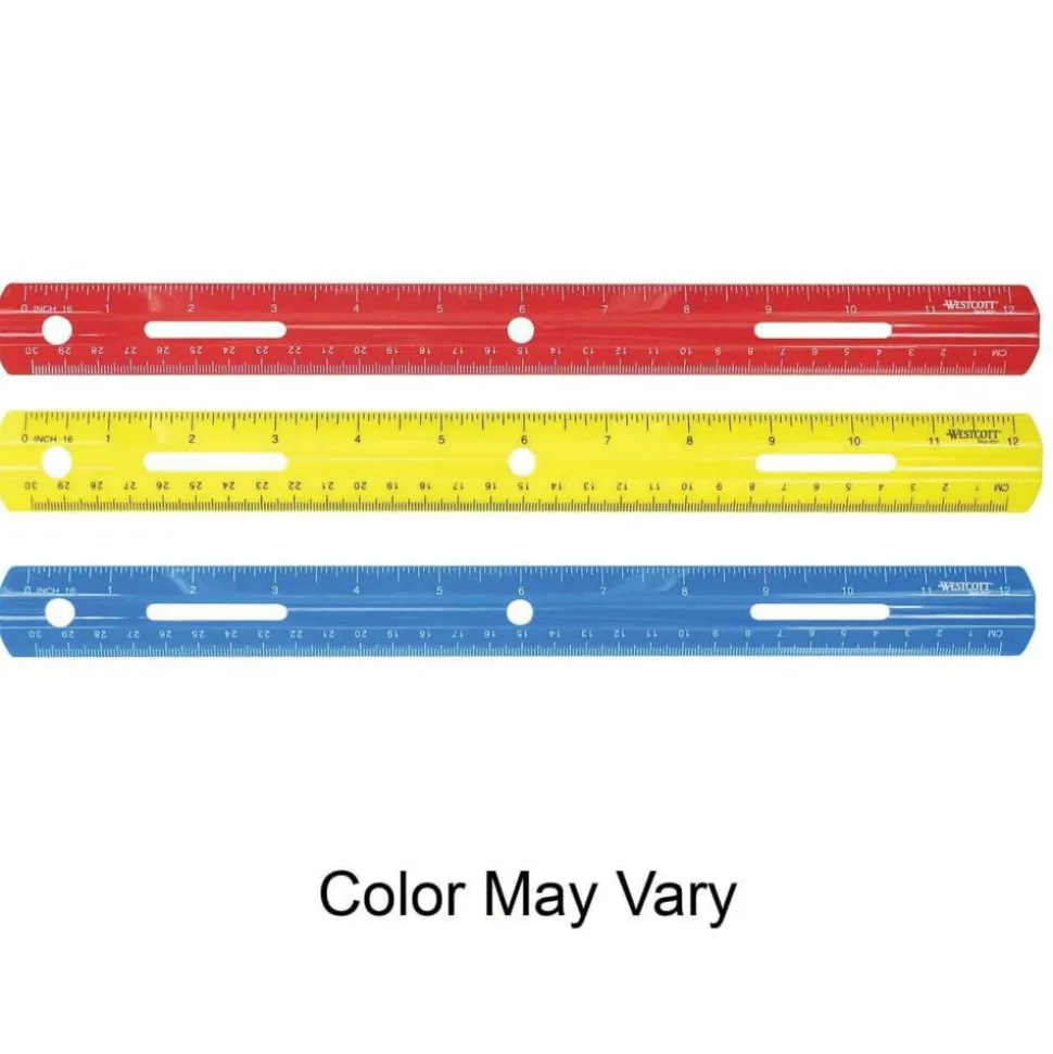 Westcott 12" Plastic Ruler - 12" Length - 1/16 Graduations - Imperial, Metric Measuring System - Plastic - 1 Each - Assorted