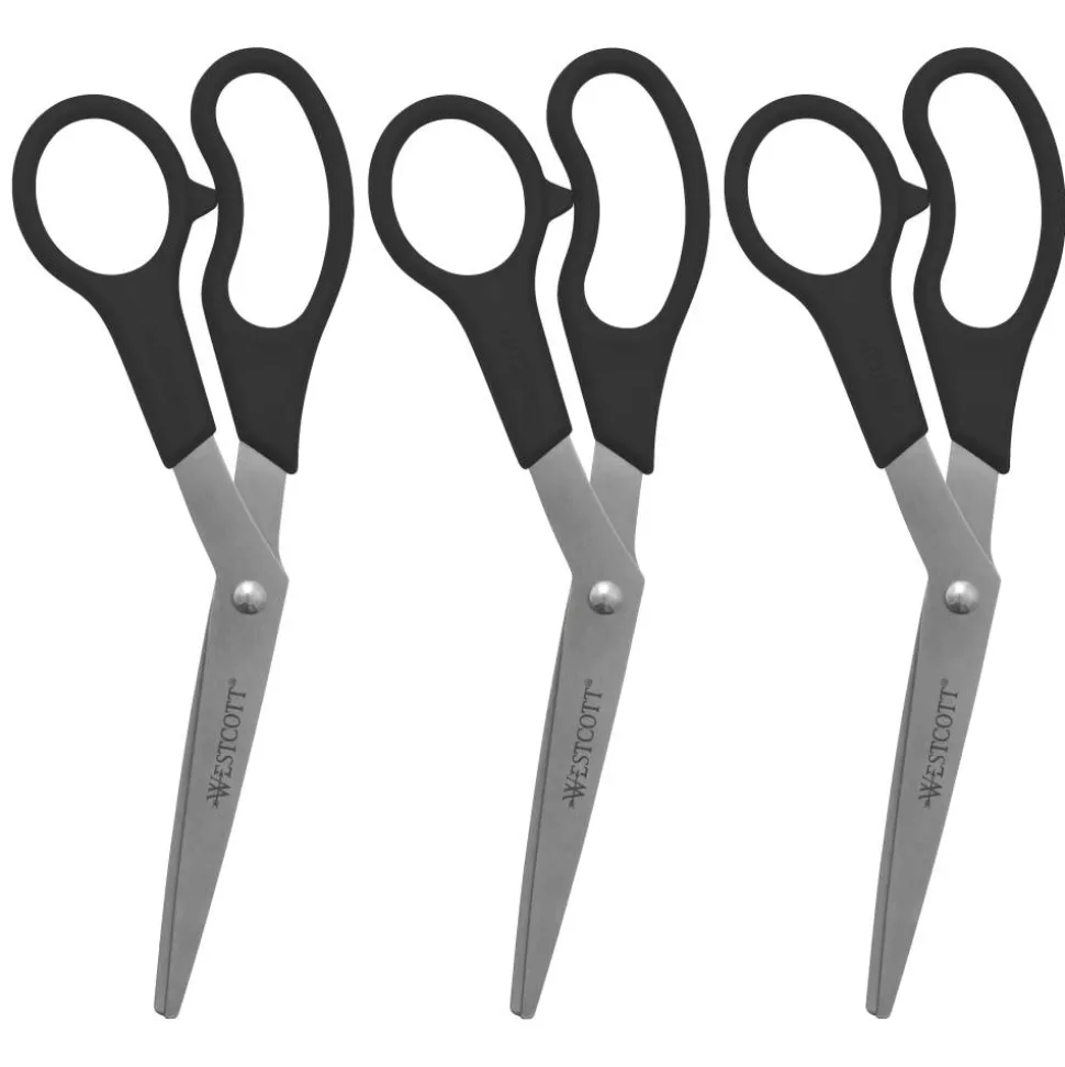 Westcott All-Purpose Value Stainless Steel Scissors, 8", Pointed, Black, Pack Of 3