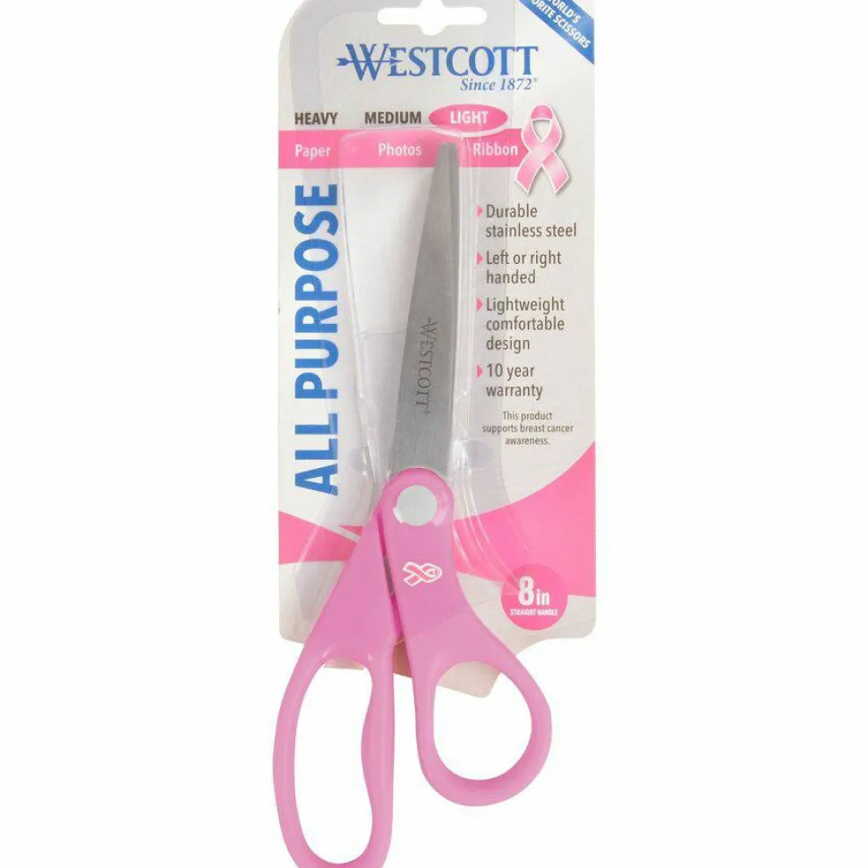Westcott All-Purpose Value Stainless Steel Scissors, 8", Straight, Pink Ribbon