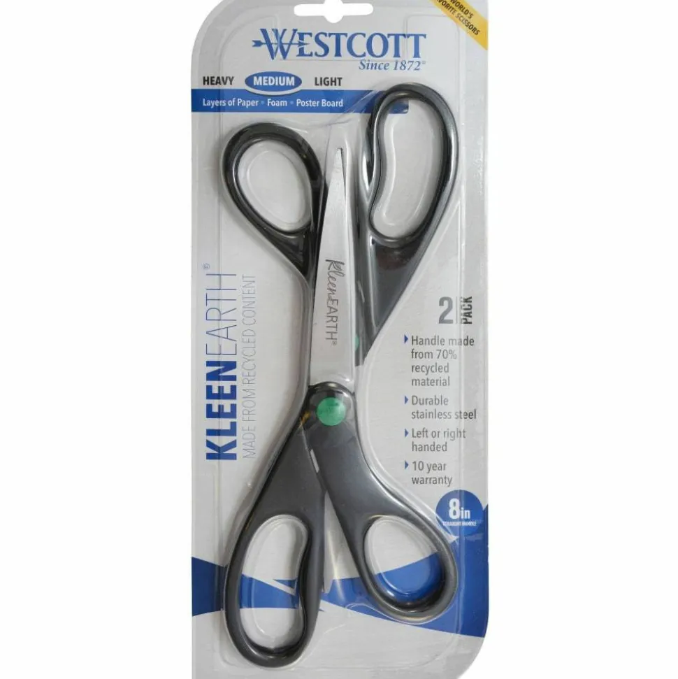 Westcott KleenEarth Scissors, 8" Long, 3.25" Cut Length, Straight Black Handle, 2/Pack