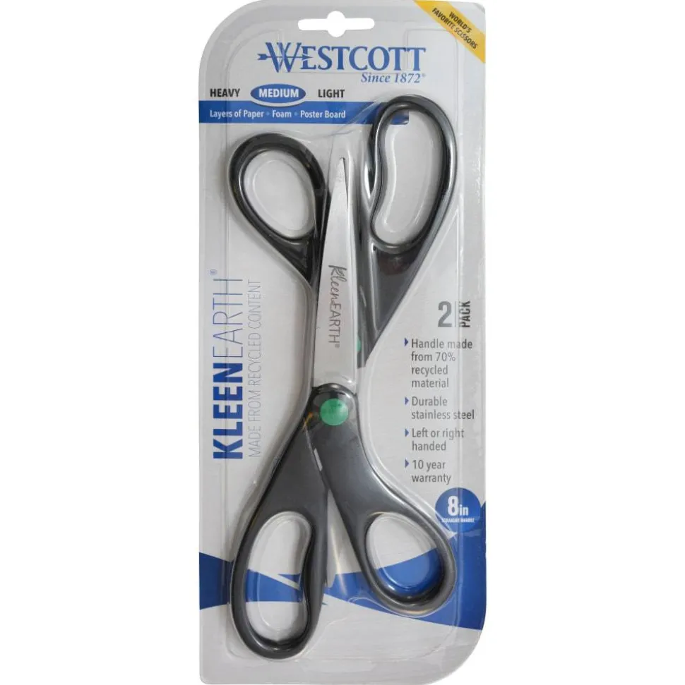 Westcott KleenEarth Scissors, 8" Long, 3.25" Cut Length, Straight Black Handle, 2/Pack