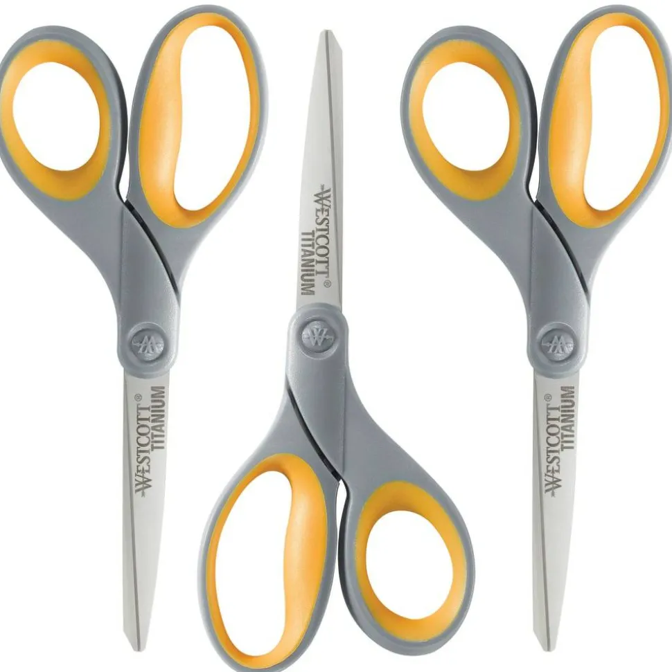 Westcott Titanium Bonded Scissor, 8in, Straight, Sft Hndl, Pntd, Gray/Yel, 3pk