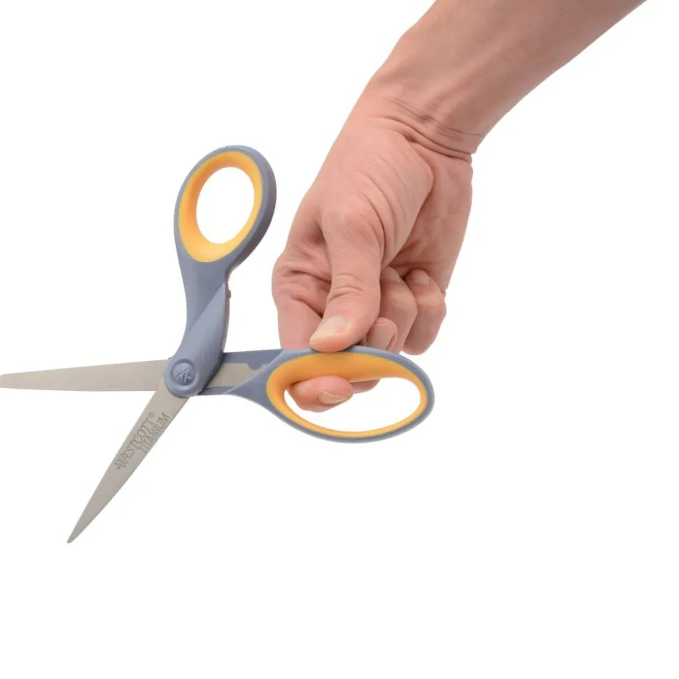 Westcott Titanium Bonded Scissor, 8in, Straight, Sft Hndl, Pntd, Gray/Yel, 3pk