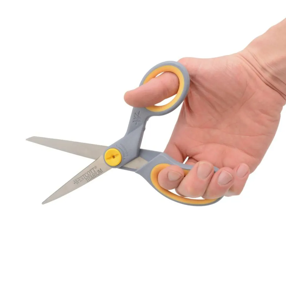 Westcott Titanium Bonded Scissors, 8" Long, 3.5" Cut Length, Straight Gray/Yellow Handle