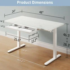 48”W Glass-Top Electric Height-Adjustable Standing Desk, White