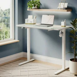 48”W Glass-Top Electric Height-Adjustable Standing Desk, White