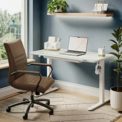 48”W Glass-Top Electric Height-Adjustable Standing Desk, White