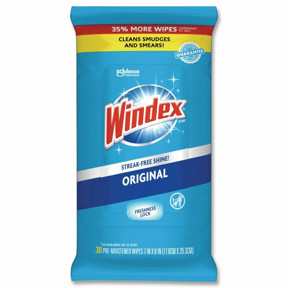 Windex Glass and Surface Wet Wipe, Cloth, 7 x 8, Unscented, White, 38/Pack, 12 Packs/Carton