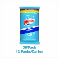 Windex Glass and Surface Wet Wipe, Cloth, 7 x 8, Unscented, White, 38/Pack, 12 Packs/Carton