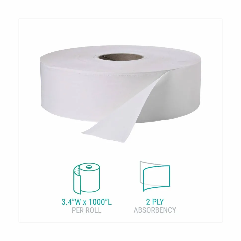 Windsoft Jumbo Roll Bath Tissue, Septic Safe, 2 Ply, White, 3.4" x 1,000 ft, 12 Rolls/Carton