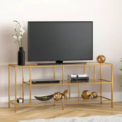 Winthrop Rectangular TV Stand with Glass Shelves for TV's up to 60" in Brass