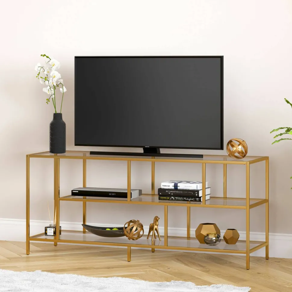 Winthrop Rectangular TV Stand with Glass Shelves for TV's up to 60" in Brass