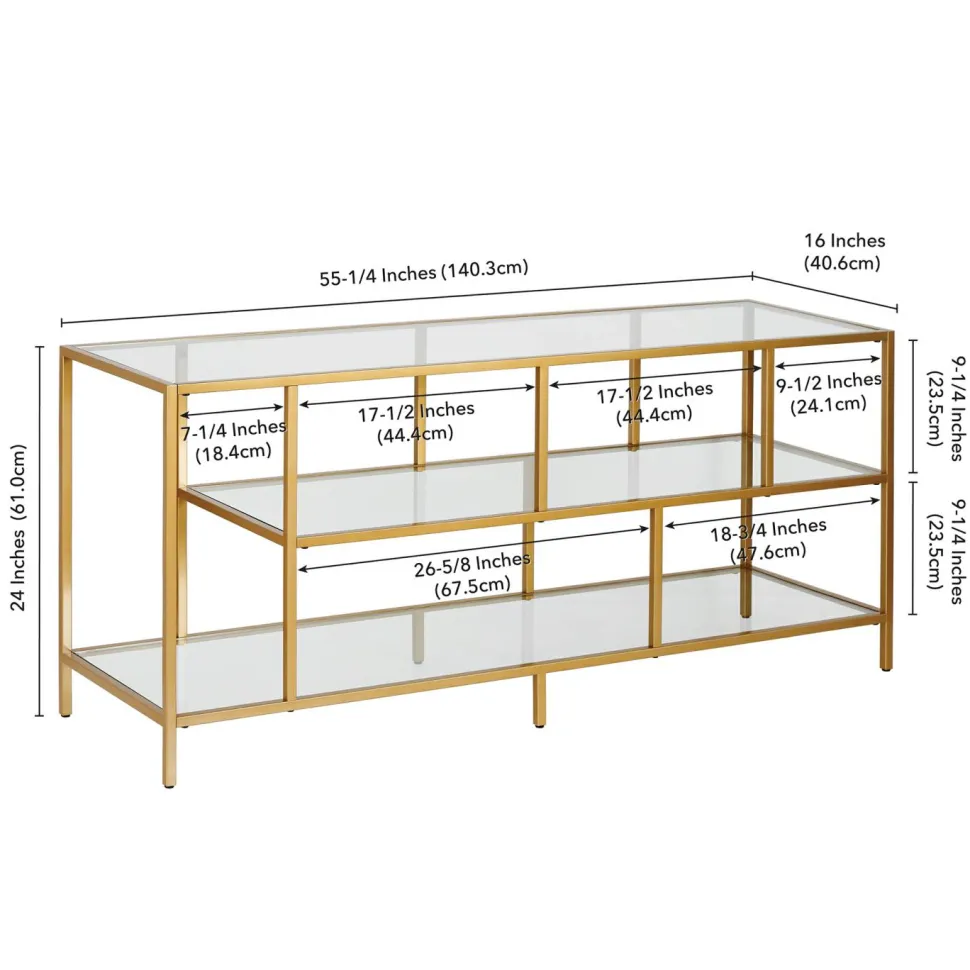 Winthrop Rectangular TV Stand with Glass Shelves for TV's up to 60" in Brass