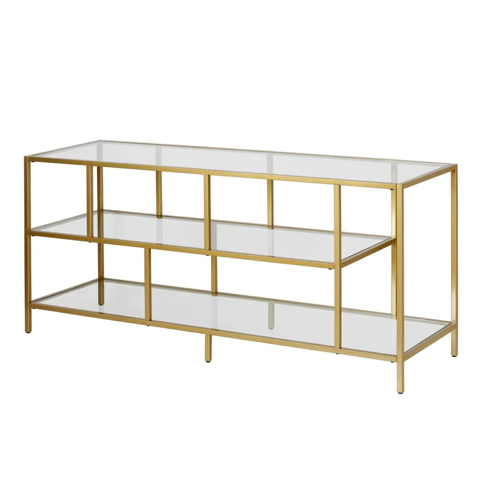 Winthrop Rectangular TV Stand with Glass Shelves for TV's up to 60" in Brass