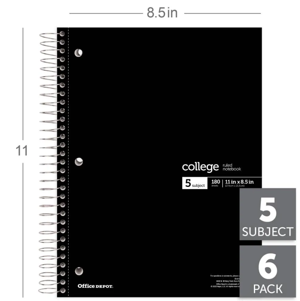 Wirebound Notebooks, 8 1/2" x 11", 5 Subjects, College Ruled, 180 Sheets, Assorted Colors, Pack Of 6 Notebooks