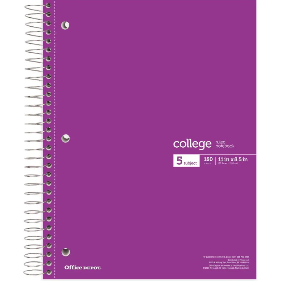 Wirebound Notebooks, 8 1/2" x 11", 5 Subjects, College Ruled, 180 Sheets, Assorted Colors, Pack Of 6 Notebooks