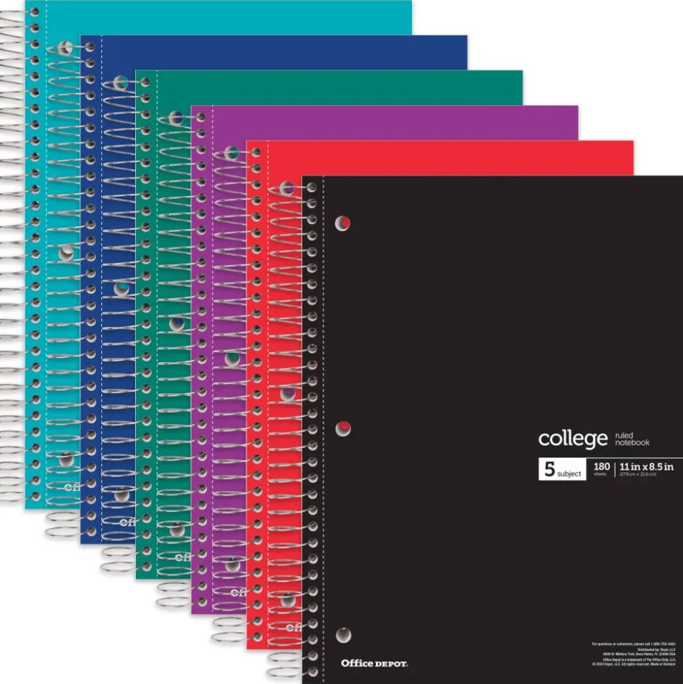 Wirebound Notebooks, 8 1/2" x 11", 5 Subjects, College Ruled, 180 Sheets, Assorted Colors, Pack Of 6 Notebooks
