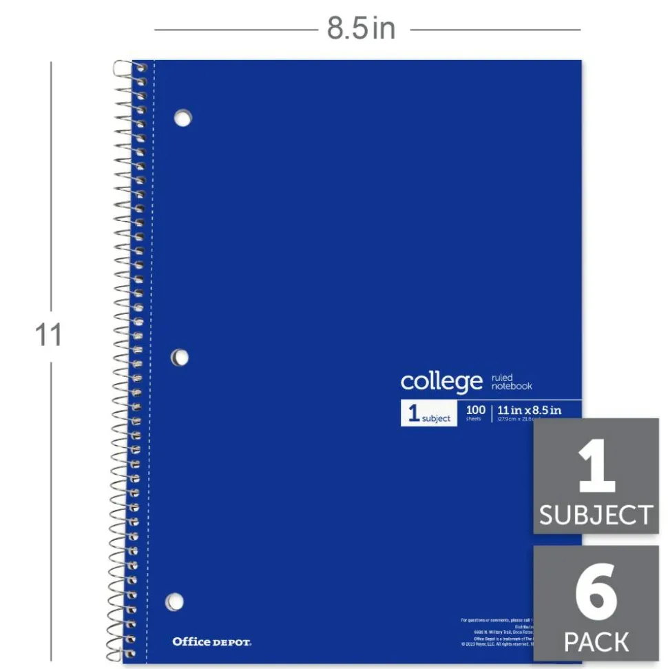 Wirebound Notebooks, 8 1/2" x 11", 1 Subject, College Ruled, 100 Sheets, Assorted Colors, Pack Of 6 Notebooks