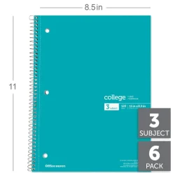 Wirebound Notebooks, 8-1/2" x 11", 3 Subjects, College Ruled, 120 Sheets, Assorted Colors, Pack Of 6 Notebooks