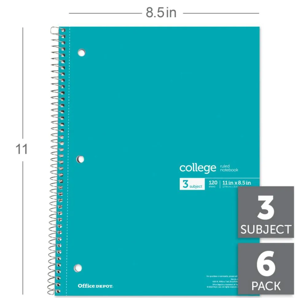 Wirebound Notebooks, 8-1/2" x 11", 3 Subjects, College Ruled, 120 Sheets, Assorted Colors, Pack Of 6 Notebooks