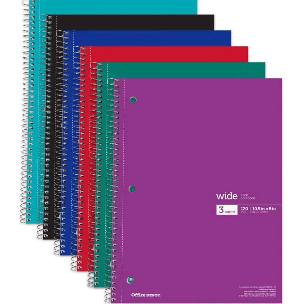 Wirebound Notebooks, 8" x 10-1/2", 3 Subjects, Wide Ruled, 120 Sheets, Assorted Colors, Pack Of 6 Notebooks