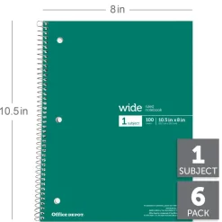Wirebound Notebooks, 8" x 10-1/2", 1 Subject, Wide Ruled, 100 Sheets, Assorted Colors, Pack Of 6 Notebooks