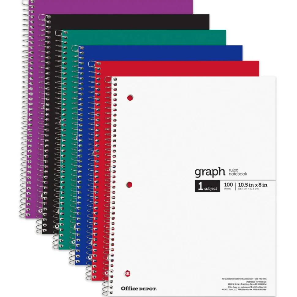 Wirebound Notebooks, 8" x 10-1/2", 1 Subject, Quad Ruled, 100 Sheets, Assorted Colors, Pack Of 6 Notebooks