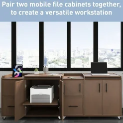 40”W Multifunction Mobile File Cabinet Printer Stand with Integrated Power & Charging, Brown Oak, BIFMA Compliant