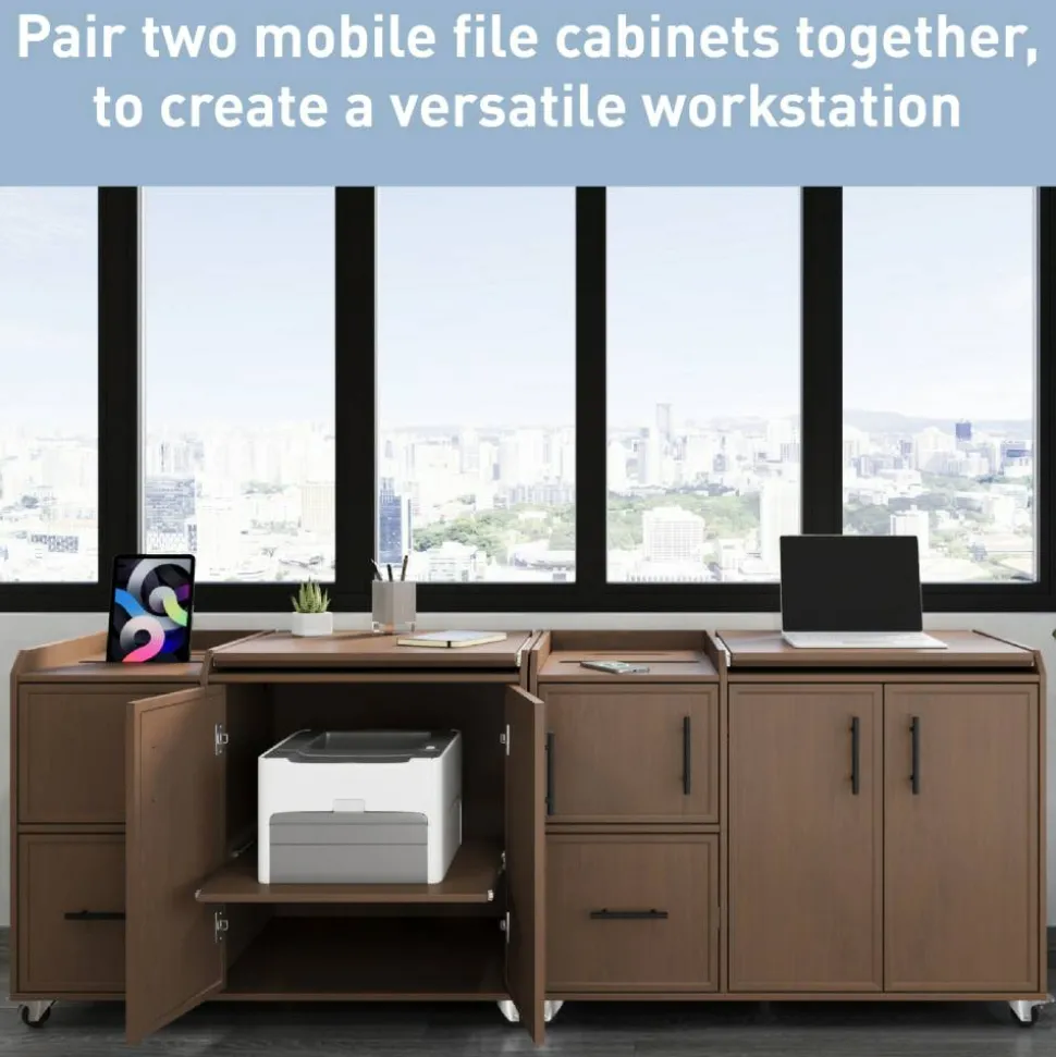 40”W Multifunction Mobile File Cabinet Printer Stand with Integrated Power & Charging, Brown Oak, BIFMA Compliant