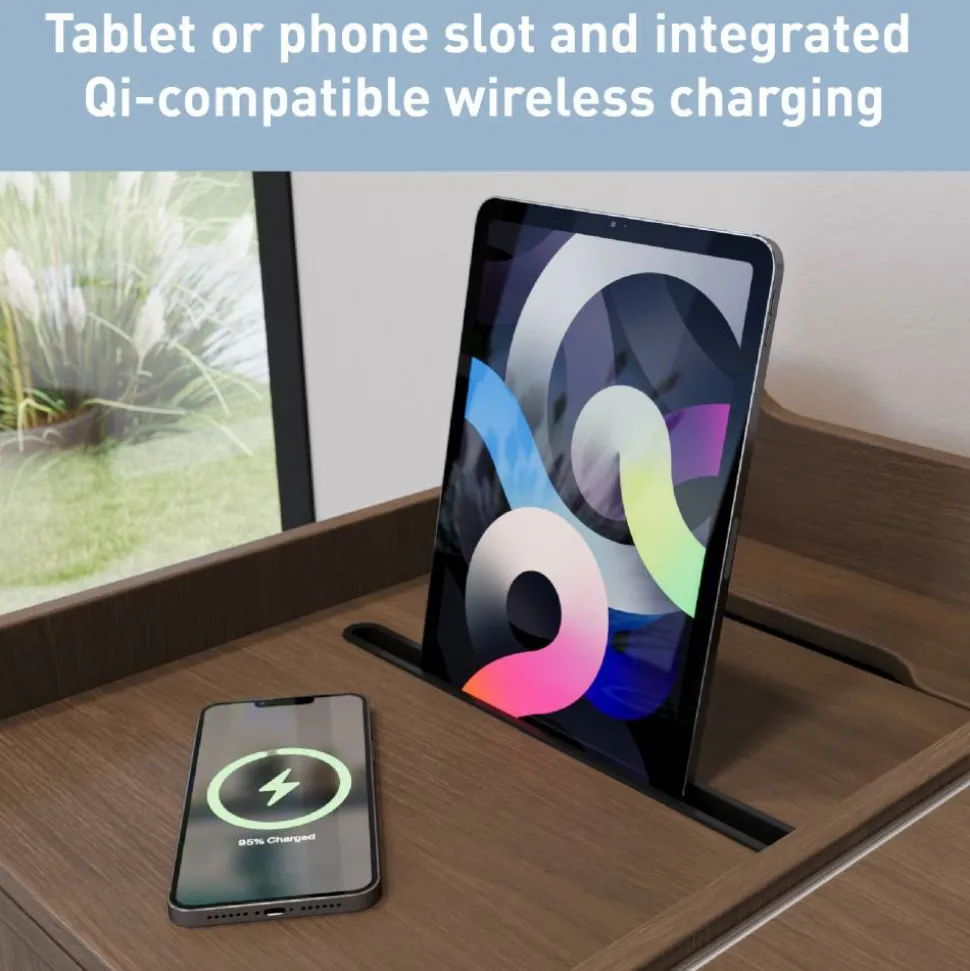 40”W Multifunction Mobile File Cabinet Printer Stand with Integrated Power & Charging, Brown Oak, BIFMA Compliant