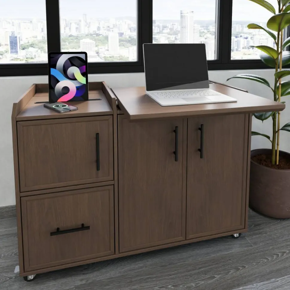 40”W Multifunction Mobile File Cabinet Printer Stand with Integrated Power & Charging, Brown Oak, BIFMA Compliant
