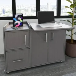 40”W Multifunction Mobile File Cabinet Printer Stand with Integrated Power & Charging, Gray Oak, BIFMA Compliant