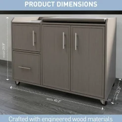 40”W Multifunction Mobile File Cabinet Printer Stand with Integrated Power & Charging, Gray Oak, BIFMA Compliant