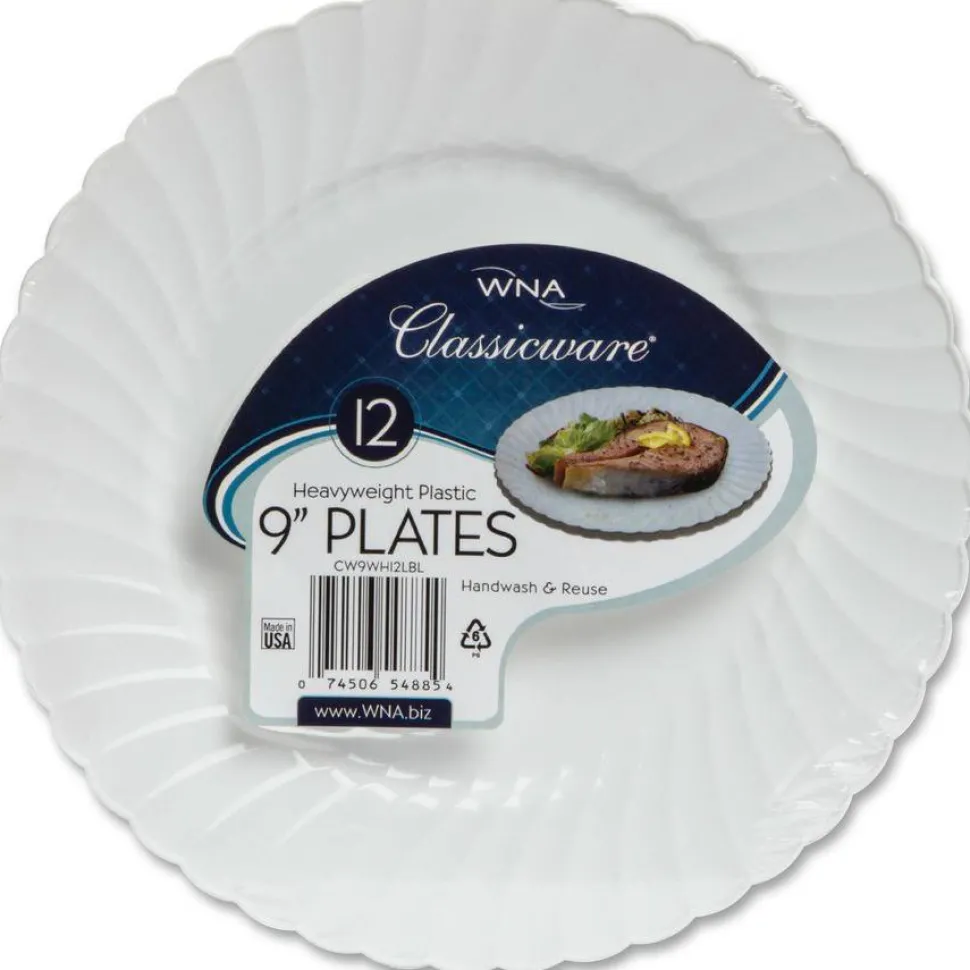 WNA Classicware Plastic Dinnerware, Plates, 9" dia, White, 12/Bag, 15 Bags/Carton