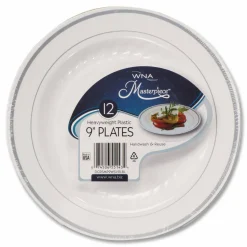 WNA Masterpiece Plastic Dinnerware, 9" dia, White/Silver, 10/Pack
