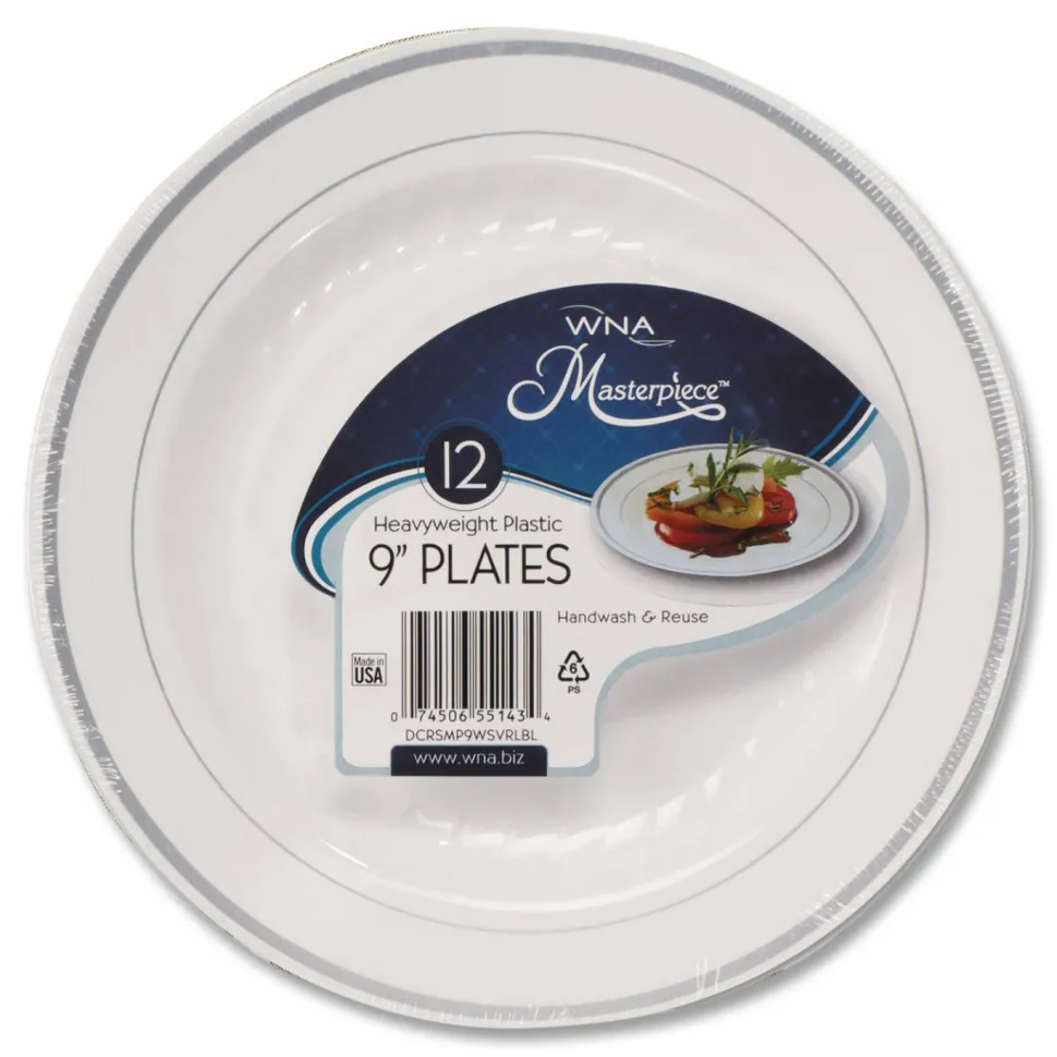 WNA Masterpiece Plastic Dinnerware, 9" dia, White/Silver, 10/Pack