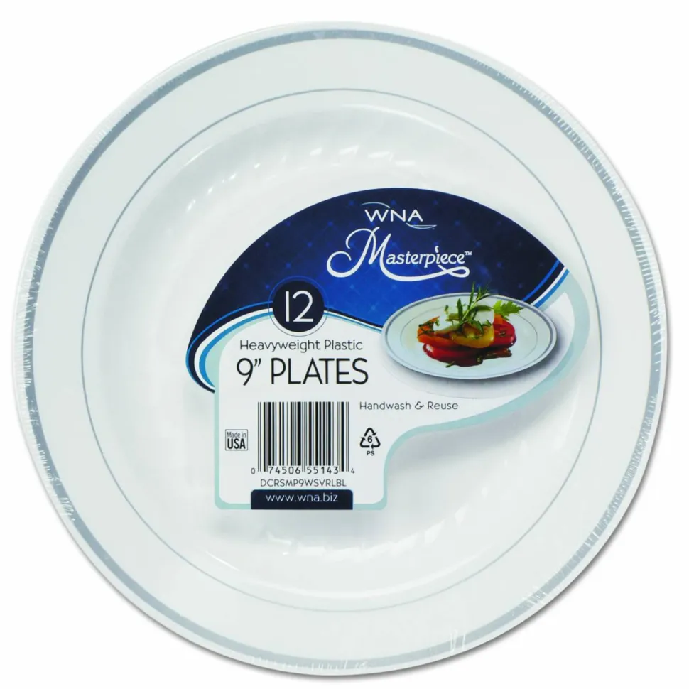 WNA Masterpiece Plastic Plates, 9" dia, White/Silver, 10/Pack, 12 Packs/Carton