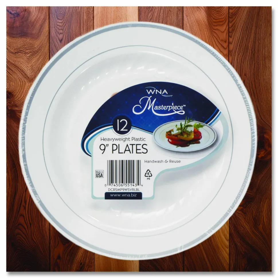 WNA Masterpiece Plastic Plates, 9" dia, White/Silver, 10/Pack, 12 Packs/Carton