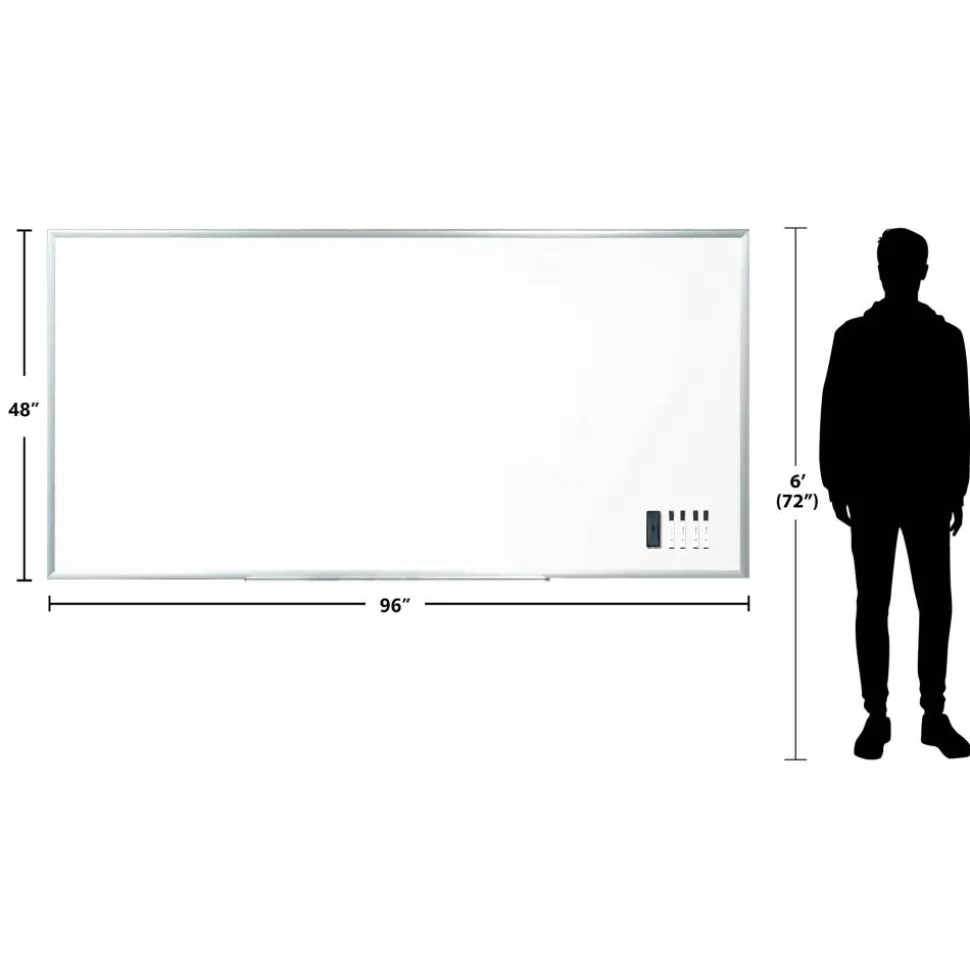 WorkPro Porcelain Magnetic Dry-Erase Whiteboard, 48" x 96", Aluminum Frame With Titanium Finish