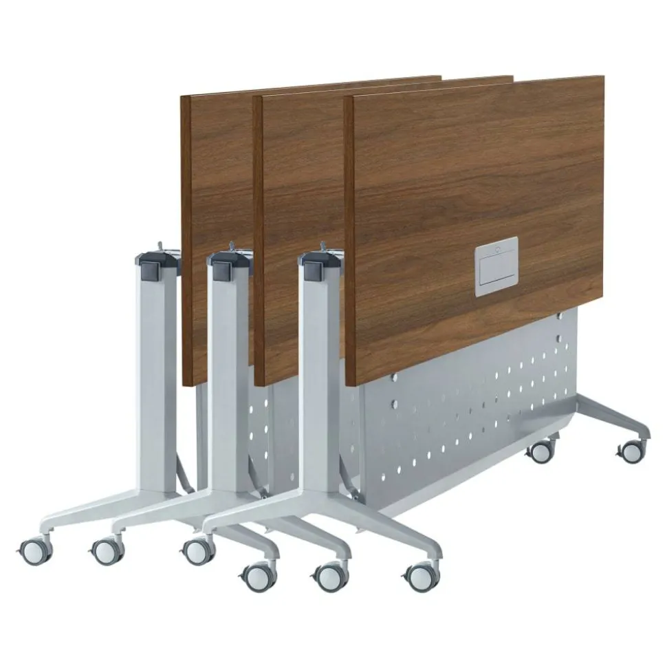 WorkPro AnyPlace Flip-Top Nesting Training Table With Modesty Panel, 60"W x 29-1/2"H x 24"D, Walnut/Silver