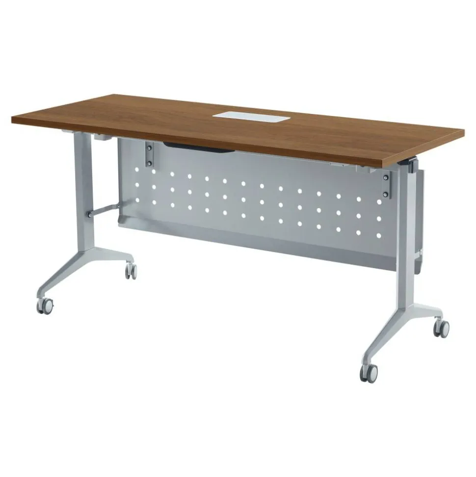 WorkPro AnyPlace Flip-Top Nesting Training Table With Modesty Panel, 60"W x 29-1/2"H x 24"D, Walnut/Silver