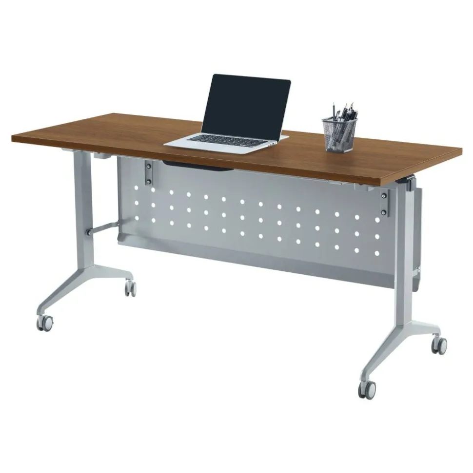 WorkPro AnyPlace Flip-Top Nesting Training Table With Modesty Panel, 60"W x 29-1/2"H x 24"D, Walnut/Silver
