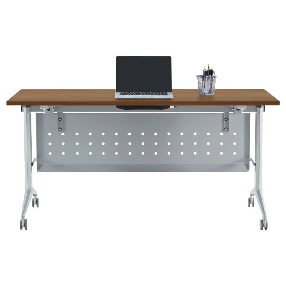 WorkPro AnyPlace Flip-Top Nesting Training Table With Modesty Panel, 60"W x 29-1/2"H x 24"D, Walnut/Silver