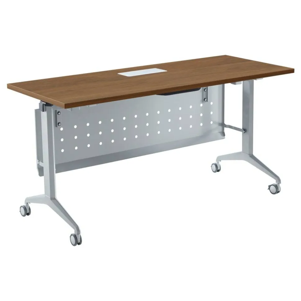 WorkPro AnyPlace Flip-Top Nesting Training Table With Modesty Panel, 60"W x 29-1/2"H x 24"D, Walnut/Silver