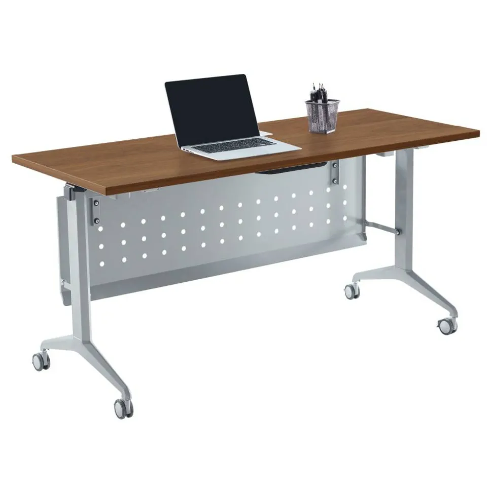 WorkPro AnyPlace Flip-Top Nesting Training Table With Modesty Panel, 60"W x 29-1/2"H x 24"D, Walnut/Silver