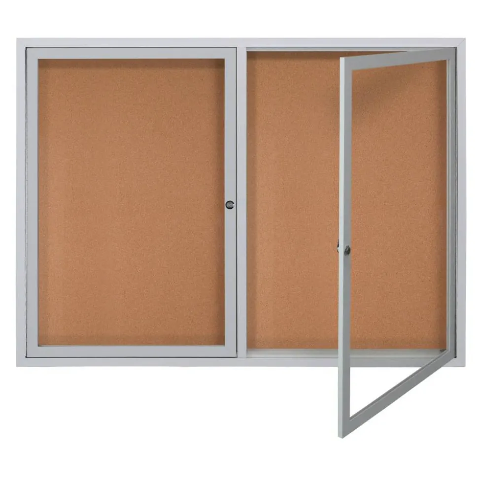 WorkPro Enclosed Double-Door Cork Bulletin Board, 36" x 48", Aluminum Frame With Silver Finish