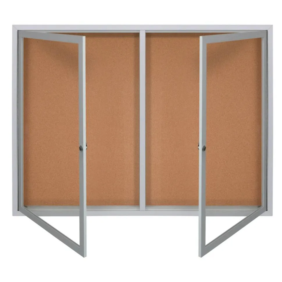 WorkPro Enclosed Double-Door Cork Bulletin Board, 36" x 48", Aluminum Frame With Silver Finish