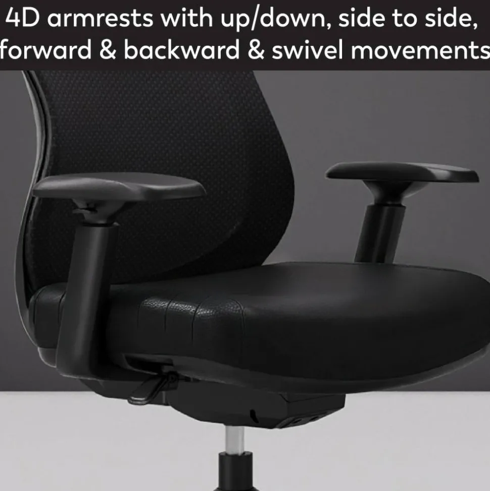 WorkPro Fortimo Ergonomic Mesh/Vegan Leather High-Back Executive Chair, Black/Black, BIFMA Compliant