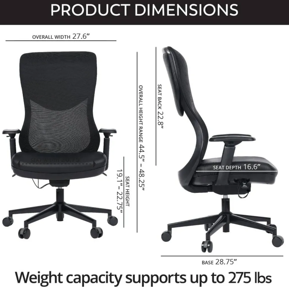 WorkPro Fortimo Ergonomic Mesh/Vegan Leather High-Back Executive Chair, Black/Black, BIFMA Compliant